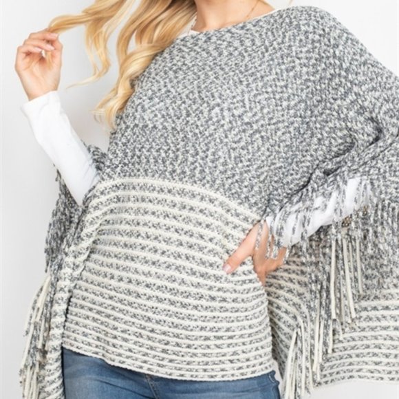 Contemporary Fringe Detailed Poncho Sweater top - Picture 2 of 6